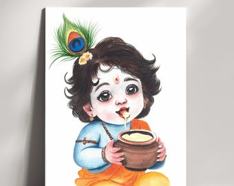Le divin bébé Krishna avec du beurre | bébé Krishna | Impressions d'art | Différentes tailles disponibles