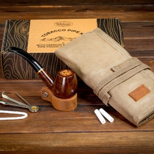 Whitluck's Handmade Tobacco Pipe with Waxed Canvas Pipe Roll with Beginner Guide E-Book, Travel Tobacco Pouch - Gift Set and Accessories