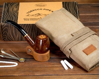 Whitluck's Handmade Wooden Tobacco Pipe with Waxed Canvas Pipe Roll, Smoking Pipe Kit with Travel Tobacco Pouch - Gift Set and Accessories