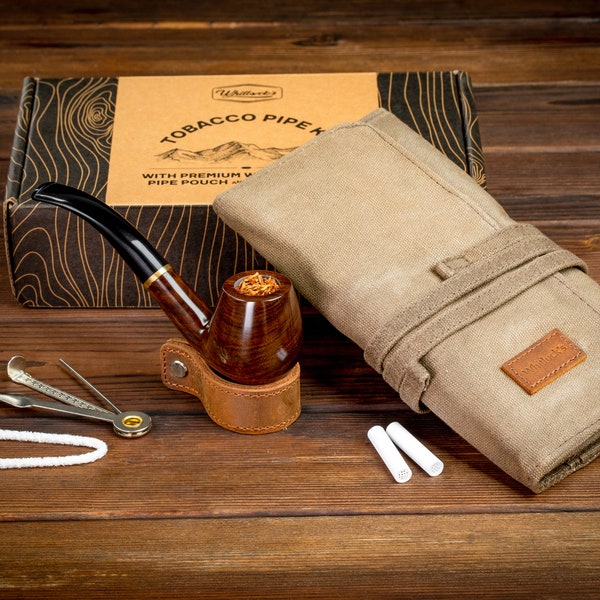 Whitluck's Handmade Tobacco Pipe with Waxed Canvas Pipe Roll with Beginner Guide E-Book, Travel Tobacco Pouch - Gift Set and Accessories