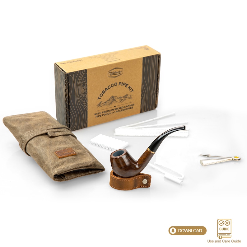 May include: A tobacco pipe kit with a wooden pipe, a brown leather pouch, and a set of pipe cleaners. The kit also includes a small tool for cleaning the pipe. The kit comes in a brown cardboard box with the words "Tobacco Pipe Kit" printed on it.