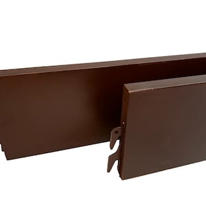 May include: Two brown wooden bed rails with metal brackets. The rails are designed to fit a standard bed frame.