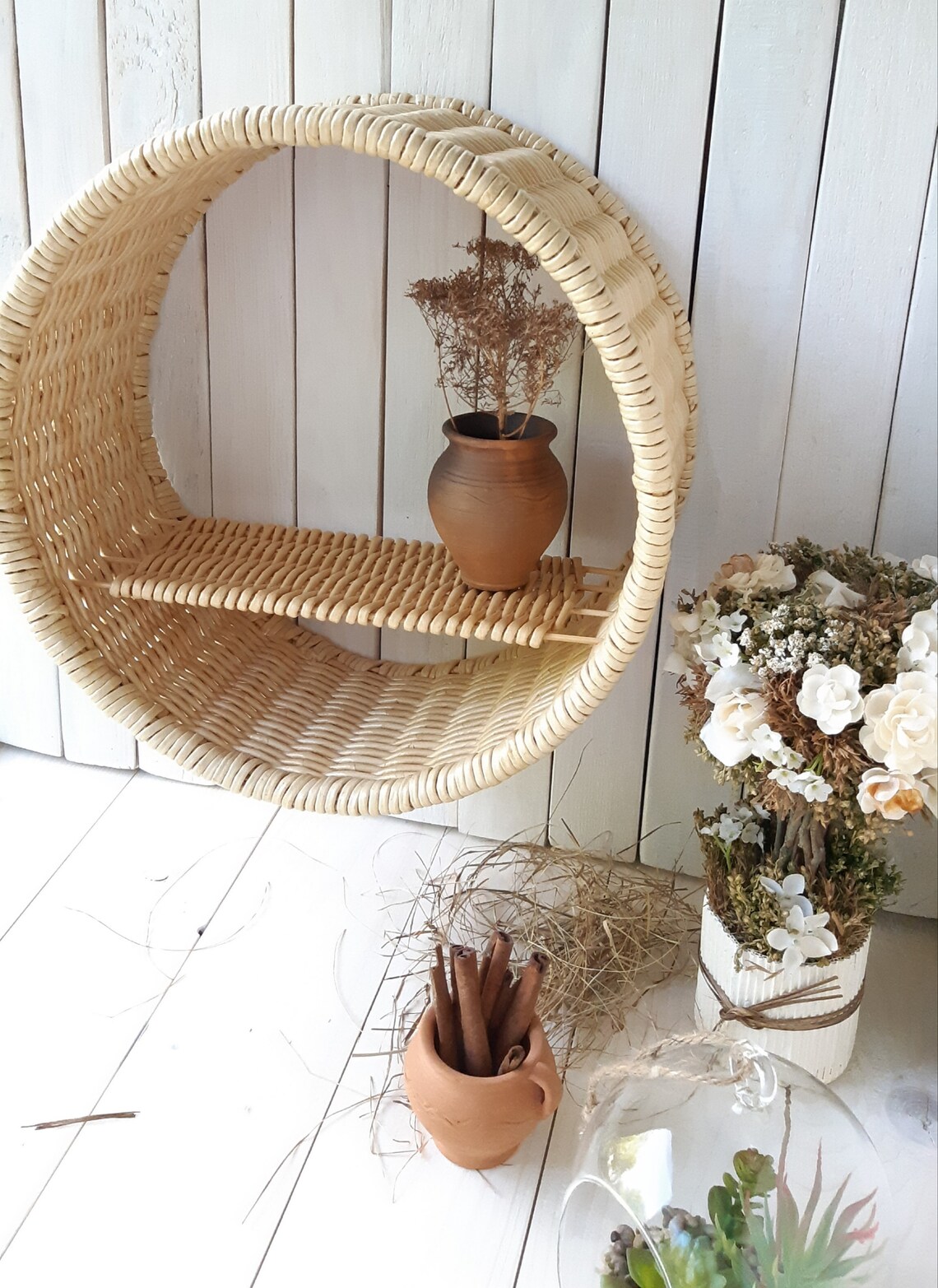 Wicker Shelf Large Round Wall in Natural Color Hanging Etsy