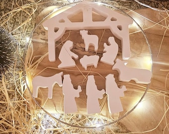 Weihnachtskrippe aus Giessbeton in reinweiß, Weihnachten, Heilig Abend, Krippe mit Jesukind, Maria, Josef, Tiere, heilige Könige