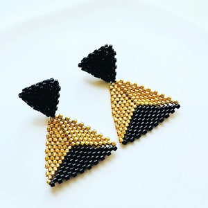 Seed bead triangle handmade stud earrings, hand-beaded gold black push back earrings, Christmas gift handmade jewelry earrings for woman