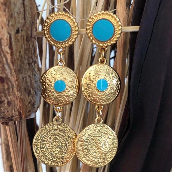 Turquoise long gold pated earrings, Greek earrings, turquoise statement earrings, Phaistos disc earrings with carnelian