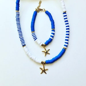 Handmade Blue and White Polymer Clay Beads necklace and bracelet with Starfish Accent - Unique Coastal Jewelry, royal blue choker/bracelet