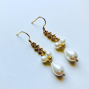 Pearl gold earrings, handmade hand-beaded white pearl wedding statement hook earrings for women, Christmas gift jewelry earrings for women
