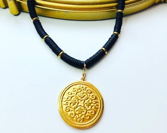 Black heishi big gold plated medallion necklace, big gold medallion statement necklace for woman