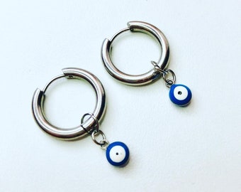 Pendientes de mal de ojo de plata azul, pendientes de aro de acero inoxidable, pendientes de mal de ojo griego, joyas/pendientes de protección, pendientes de aro unisex