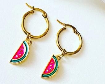 Stainless steel watermelon summer hoop earrings, fruit berry earrings for women/sister/girl, watermelon earrings, watermelon hoop earrings