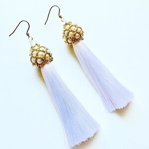 White tassel beaded hook earrings, large long, massive tassel earrings jewelry for women, white statement earrings for women/wife/her