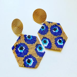 Evil eye hand-beaded large protection earrings, blue gold evil eye gift jewelry for women wife sister mom her