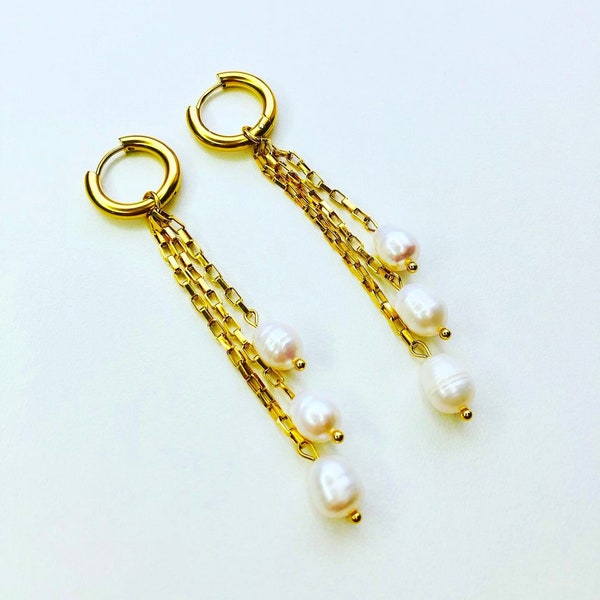 White pearl stainless steel hoop chain tassel earrings, unique white pearl statement hoop earrings for women, long pearl chain hoop earrings