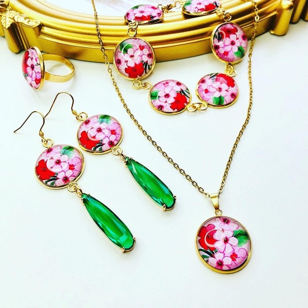 Pink flower earrings bracelet necklace ring, unique summer gift jewelry for woman, green/pink statement earrings/bracelet/choker for women