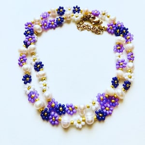 Daisy flower choker hand-beaded purple white pearl necklace, summer minimalist daisy flower necklace choker gift for her women girl