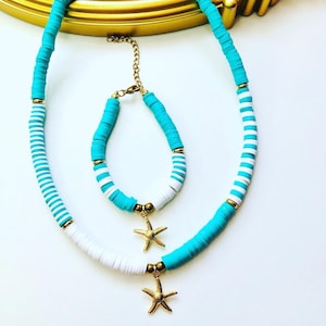 Polymer clay beads starfish charm necklace bracelet, heishi bracelet necklace, summer jewelry choker bracelet, turquoise choker/bracelet