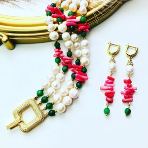 Baroque pearl pink green gold earrings, pearl multilayer 4 strand bracelet, coral pearl bracelet and earrings