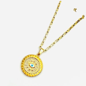 Evil eye necklace, Greek mythology necklace/ jewelry, gold stainless steel evil eye protection necklace, evil eye gold coin unisex necklace