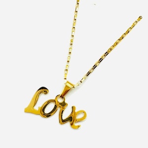 Love necklace, gold stainless steel love statement necklace, unisex love gold necklace, love necklace four couple, love charm necklace