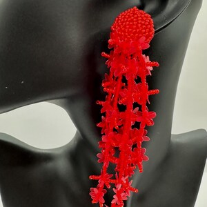 Beaded Floral Red Statement Earrings Handmade Dangle Earrings, Festival Jewelry, Lightweight Beadwork Earrings