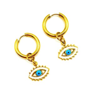 Blue evil eye earrings, stainless steel hoop earrings, blue earrings, Greek evil eye protection earrings