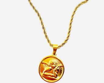 Collar con colgante de moneda de ángel de oro: Charm chapado en oro de 24 quilates