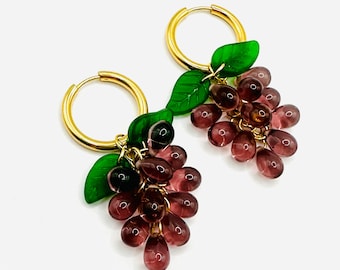 Handmade Glass Grape Earrings: Gold Stainless Steel Hoops