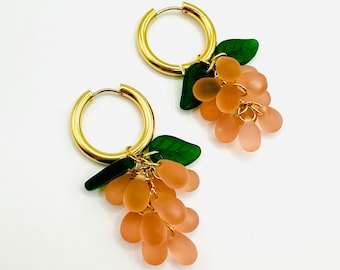 Handmade Orange Grape Earrings: Gold Stainless Steel Hoops
