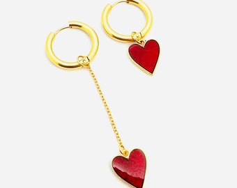 Asymmetric Red Heart Gold Hoop Earrings: Valentine's Gift