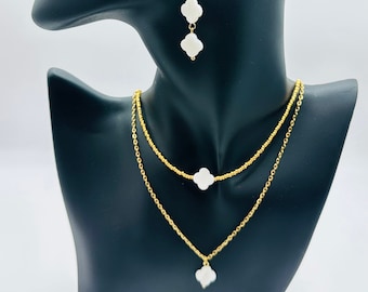 Mother of Pearl Clover Gold Necklace and Earrings, Four Leaf