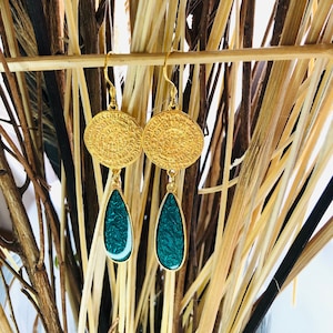 Phaistos disc drop earrings, stainless steel hook, Phaistos disc Greek earrings for women