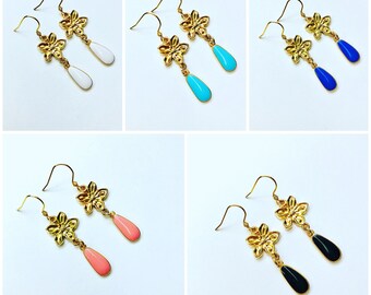 Flower drop earrings, stainless steel hook earrings, blue turquoise white black orange drop earrings, jewelry gifts for her