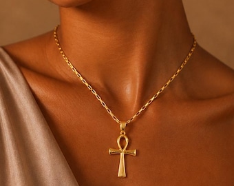 Gold Egyptian Ankh Cross Necklace - Stainless Steel Unisex Jewelry
