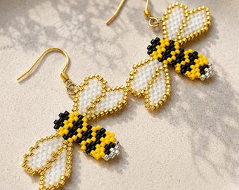 Beaded Bee Earrings: Handmade Stainless Steel Hook Earrings