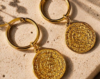 Phaistos Disc Earrings: 24K Gold Plated Stainless Steel Hoops