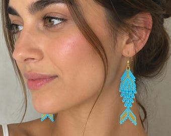 Handmade Turquoise Seed Bead Fish Earrings, Boho Ocean Gold Accent Statement Dangle Jewelry