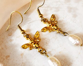 Gold Bee Pearl Drop Earrings