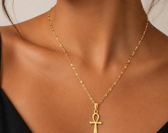 Gold Ankh Necklace: 24K Gold Plated Egyptian Cross, Stainless Steel Chain
