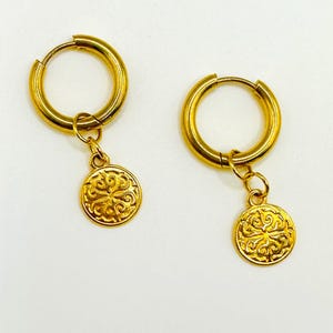 Gold coin hoop earrings, stainless steel hoop earrings, medallion gold earrings
