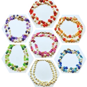 Daisy flower choker hand-beaded pearl necklace, summer blue red green purple orange pink yellow daisy flower necklace gift for women girl