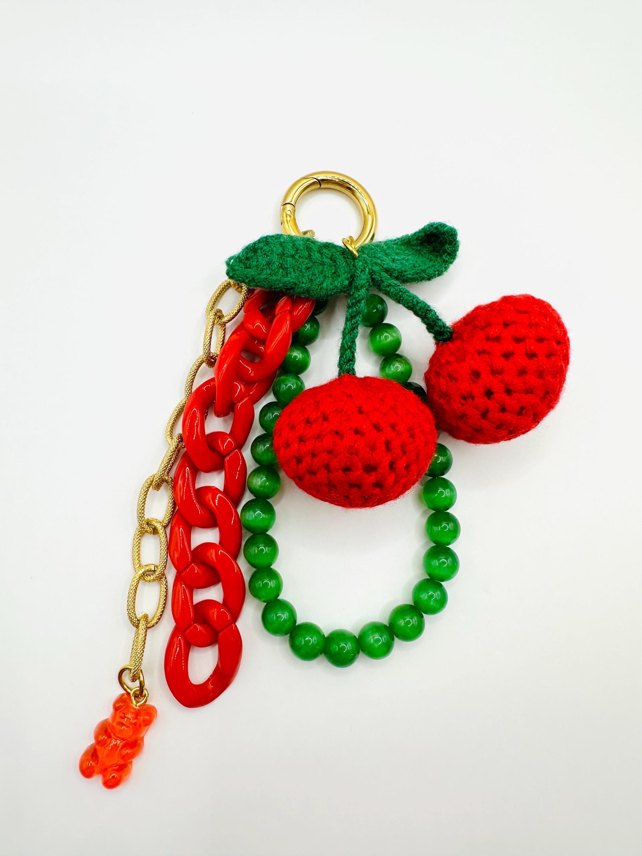 Crochet Cherry Bag Charm: Gold Plated Keychain, Handmade Accessory