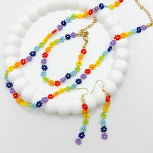 Rainbow daisy flower necklace, bracelet, earrings, hand-beaded daisy flower jewelry for woman/girl