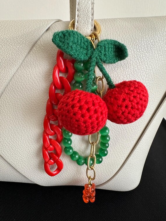 Crochet Cherry Bag Charm: Gold Plated Keychain, Handmade Accessory
