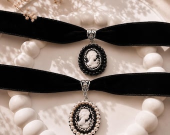 Zwarte fluwelen camee choker ketting, Victoriaanse kralen gotische sieraden, vintage parelhanger