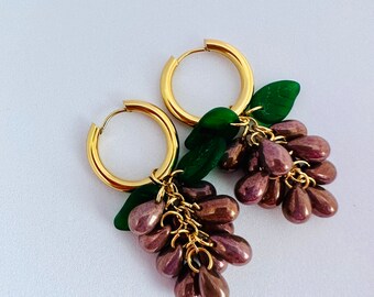 Handmade Grape Earrings: Czech Glass Beads, Stainless Steel Hoops