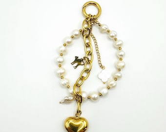 Handmade Freshwater Pearl Bag Charm: Gold Plated Keychain Accessory