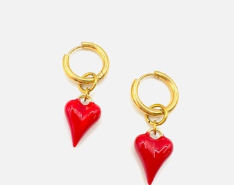 Red Heart Drop Earrings with Gold Hoop - Bold & Playful Statement Jewelry