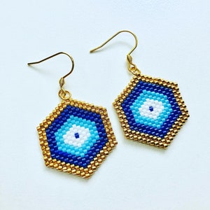 Handmade  evil eye earrings, hand-beaded jewelry earrings, blue evil eye beaded earrings
