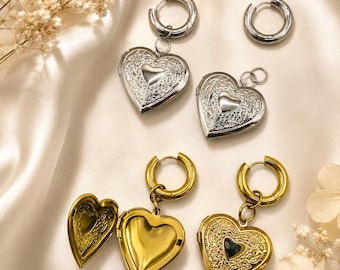 Heart Locket Hoop Earrings: Vintage Style Gold & Silver Photo Keepsake